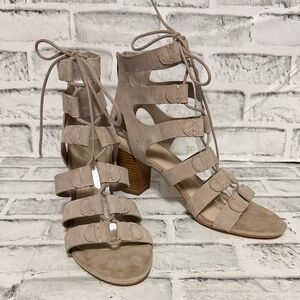 Elegant Tan Lace-Up Block Heel Sandals